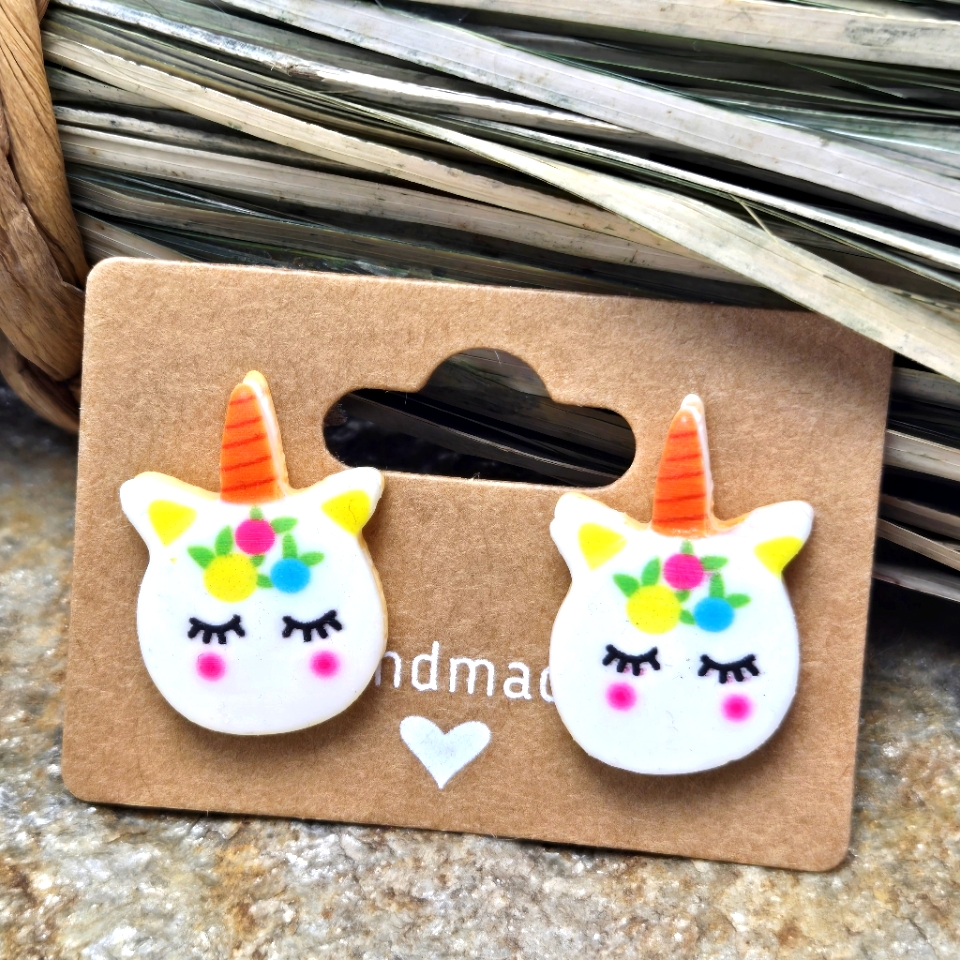 White Unicorn Earrings Pierced Floral Crown Fantasy Whimsigoth Stud Light Weight 15$